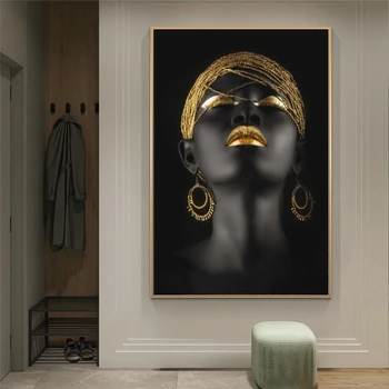 Afriške Seksi Črna Ženska Platno Umetnosti Plakatov in Fotografij Dekleta z Zlatim Headdress Platna Slike na Steni Umetniške Slike
