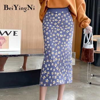 Beiyingni 2020 Jeseni, Pozimi Krila za Ženske Cvetlični Plesti Svinčnik Krilo Retro Elastična Visoko Pasu Faldas Mujer Saias Moda Chic