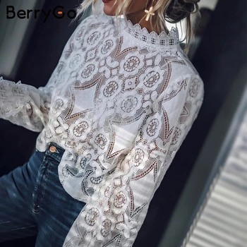 BerryGo čipke Bluzo iz votlih ženske bluzo majica Sexy vezenje luč rokav Elegantno belo bluzo Poletje pregleden retro