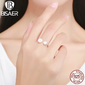 BISAER 925 Sterling Srebro Elegantno Dve Beli Biseri Odprite Prst Obroči Za Ženske Poročni Modni Nakit Valentinovo Darilo