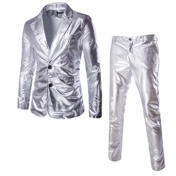 Bleščeče Premazan Kovinski Obleko Jopič 2020 Luksuzne Blagovne Znamke 2 Kos Obleko (Suknjič+Hlače) Nočni Klub Pustne Obleke Po Meri Men Silver