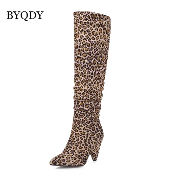 BYQDY Mature Leopard Kolena Visoki Škornji Jeseni Čevlji Jate Zdrsne Na Konice Visokih Petah Konicami Prstov Dolgi Zimski Čevlji Plus Velikost 35-47
