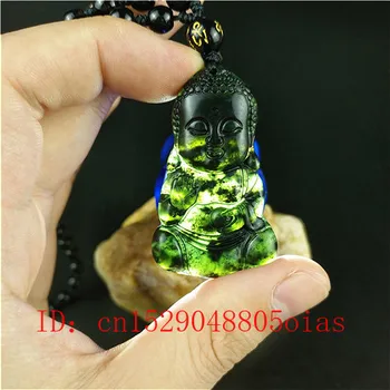 Certified Kitajski Naravnih Zeleno-Črna Jade Baby Buda Ogrlico, Obesek Čar Nakit Obsidian Pribor Vklesan Amulet Darila