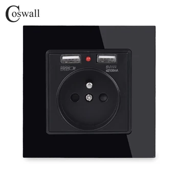 Coswall Kristalno Steklo Plošče Dual Polnjenje prek kabla USB Vrata 2.1 16A francoski električno Vtičnico in Vtičnico Sivo Belo, Črno Zlato, 4 Barve