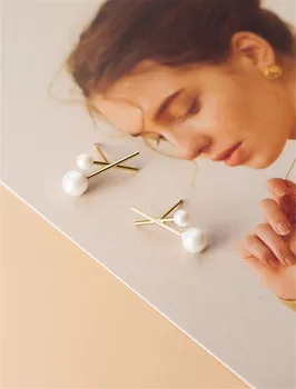 DAIWUJAN korejski Elegantno 925 Sterling Silver Pearl Uhani Retro Zlati Križ Stud Uhani Za Ženske Ženski Poročni Nakit Darila