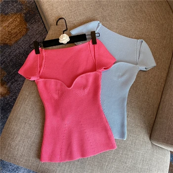 DEAT 2020 novo poletje kvadratnih ovratnik, kratkimi rokavi pletenje puloverju slim kratek T-shirt ženska moda vrh sladki roza 7A01403
