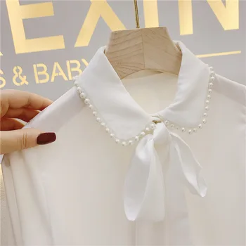 Deklica je Šifon Long Sleeve Majica 2019 Jeseni podkrepljena Priložnostne Slog, Ohlapno Majico s Pearl Bluzo Elegantne Srajce