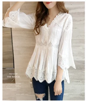 Dingaozlz korejski fashion Lace srajce Mozaik iz Votlih Ženske bluzo Ženski Priložnostne Ruffles Kvačkanje Beli Vrhovi blusa feminina
