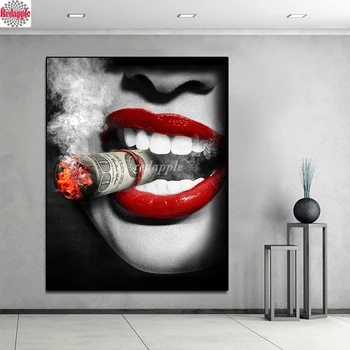 Diy diamond slikarstvo kompleti Povzetek Ženska Usta Seksi Rdeče Ustnice Cigaret Denar mozaik Stenskih slikah, za Dnevni Sobi Doma Dekor