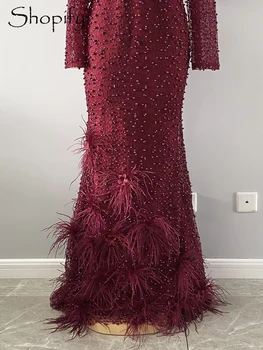 Dolg Rokav Morska Deklica Večerne Obleke 2020 Odklon Beaded Luksuzni Čipke Burgundija Dubaj Ženske Formalno Večer Stranka Oblek