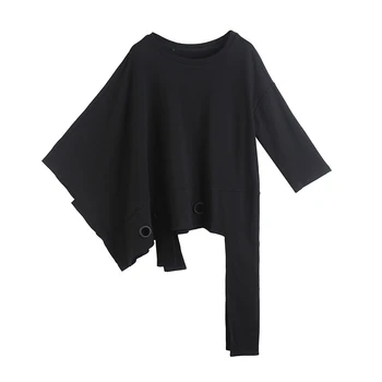 [EAM] Žensk Black Nepravilna Razdelitev Skupnega Velike Velikosti T-shirt Nov Krog Vratu Dolg Rokav Moda Plima Pomlad Jesen 2021 1DA621