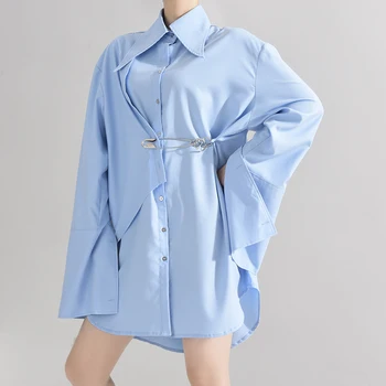 [EAM] Ženske, Modro Kratek Velika Velikost Pin za Nastavitev Bluzo New River Dolg Rokav Ohlapno Fit Majica Fashion Plima Pomlad Jesen 2021 1W48905