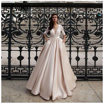 Eleganten Čipke Poročno Obleko Vestidos de novia 2019 Šampanjec Črto Poročne obleke Saten Seksi Romantični Dolžina Tal Poročnih Oblek