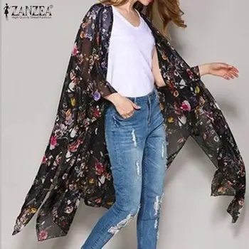 Elegantna Kimono Cape Žensk Natisnjeni Vrhovi 2021 ZANZEA Poletje Chiffion Bluzo 3/4 Rokav Srajce Ženski prikriti Tunika Plus Velikost