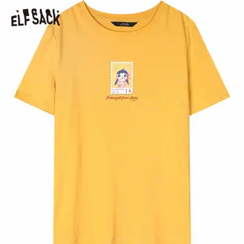 ELFSACK Harajuku Rumena Grafika, Tiskanje Priložnostne Majice Ženske Vrhovi 2020 Poletje ELF Roza Kratek Rokav korejski Girly Dnevno Srčkan Vrhovi