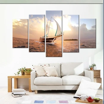 Embelish 5 Plošče Sunrise Ladje pogled na morje Steno Modularni Plakate Za dnevno Sobo HD Tiskanja Platno Slikarstvo Doma Dekor Okvirjenih Slik