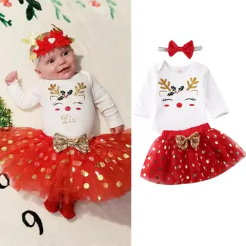 Emmababy 0-18 M 3Pcs Božič Newborn Baby Dekleta Jesenski Oblačila Tiskanje Santa Romper Vrhovi Čipke Tutu Krilo 3PCS Obleke