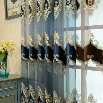 Evropski Stil Kitajsko Različico Vezene Luksuzni Zavese za dnevno Sobo, Balkon Modra Kave Odklon Til Zavese Dekor M021-40