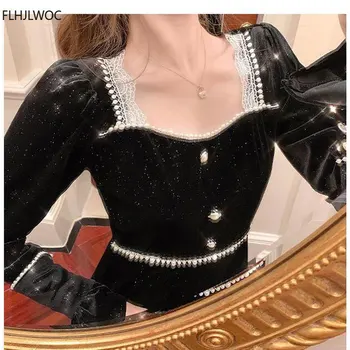 Francoski Stil Elegantna Dama Žensko Vestidos Ženske Modni Dolg Rokav Stranka Mozaik Bele Čipke Črno Obleko N3002