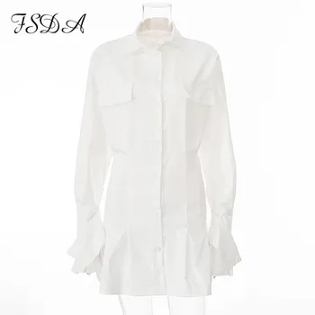 FSDA V Vratu Dolg Rokav Shirt Obleko Povoj 2020 Bele Ženske Seksi Mini Linija Office Jeseni Priložnostne Tunika Obleke Moda