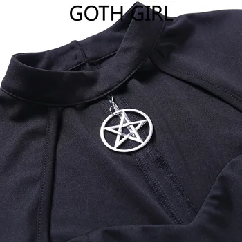 Goth Dekle Retro Temno Seksi Prsi S Poudarkom Obleko Ženski Gothic Povodcem Pentagram Pribor Visoko Pasu Mala Črna Obleka A-Linije