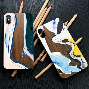 Grafiti pravega lesa narave in barvne risbe primeru telefon za Iphone 6 S 7 8 plus X S R MAX retro lesene telefon lupini