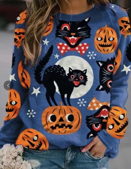 Halloween Mačka Bučna Tiskanja Colorblock Majica Ženska Vrhovi Cvjetnim Tiskanja Krog Vratu Long Sleeve Jopica Pulover za Ženske