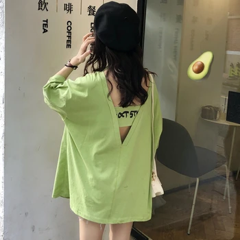 Harajuku Nazaj votlih ustvarjalnih žensk t shirt poletje novo pismo tiskanje tshirt ženske korejski priložnostne svoboden mehko vrhovi dolgo, t-majice