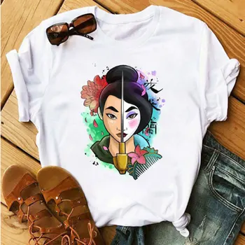 Harajuku Ulzzang T-shirt priložnostne vrhovi dame T-shirt Žensk poletje nove natisnjeni T-shirt Modi Letnik Princesa Mulan T-shirt