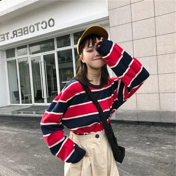 Harajuku Ženske hoodies Long Sleeve Majica zgornji deli oblacil Ženske Striped Oblačila, casual Ohlapno, tanko bombaž Sweatshirts jeseni Puloverji