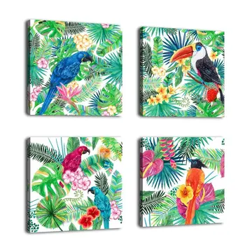 HD Natisnjeni Sodobne Platno Wall Art Modular Plakat 4 Plošči Cvetje In Ptice Okvir, Dnevna Soba, Slike, Barvanje Doma Dekor