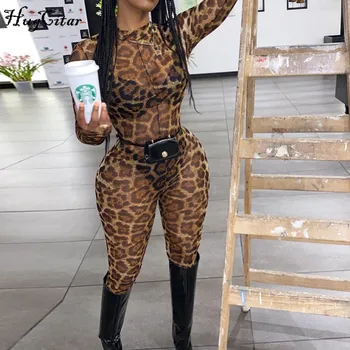 Hugcitar 2019 dolg rokav leopard tiskanja očesa vidi skozi bodycon seksi jumpsuit jeseni, pozimi ženske ulične obleke klub telo