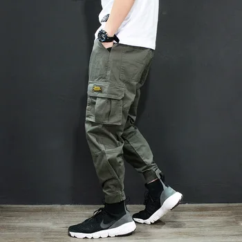 Japonski Modni Slog Mens Jeans Jogger Hlače Rdeča Črna Zelena Barva Ohlapno Fit Multi Žepi Tovora Hlače Moški Hip Hop Kavbojke Homme