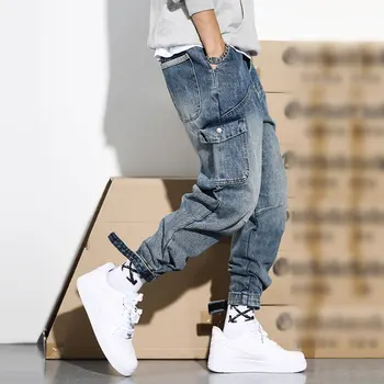 Japonski Modni Stil Moške Jeans Retro Modra Ohlapno Fit Visoke Kakovosti Tovora Hlače Harem Hlače Ulične Hip Hop Kavbojke Moški