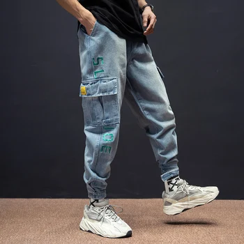 Japonski Vintage Moda Za Moške Jeans Ohlapno Fit Velik Žep Priložnostne Denim Tovora Hlače Hombre Ulične Hip Hop Kavbojke Moški Harem Hlače