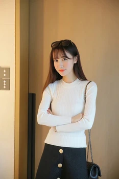 Jeseni novo korejska različica barva divje krog vratu slim fit pulover pleten naravnost ženski pulover