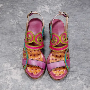 Johnature Retro Dame Sandali Ženske Čevlje Pravega Usnja, Ročno poslikano 2020 Novo Pomlad Poletje Šivanje Visokih Petah Priložnostne Sandali