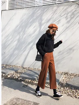 JUJULAND ženska Jesen in zimo, volnene tkanine, ravne cevi hlače Svoboden stretch pas hlače v gosto barvo 5424