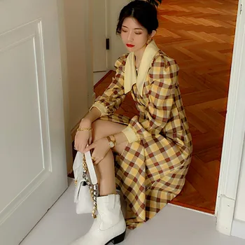 Kariran Vintage Obleko Ženske Elegantne Sladko Split Midi Obleko Femal Priložnostne High Street korejski Obleko 2020 Jeseni ženska Oblačila