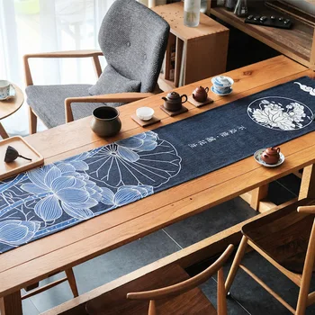 Kitajski slog bombaž perilo deep blue lotus natisnjeni namizni tekač zen stilu čaj namizni prt retro posteljo runner brisačo doma dekor