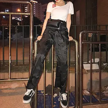 Kitajski slog zmaj vezenje hlače ženske elastični pas naravnost hlače spomladi in jeseni priložnostne ženske hlače