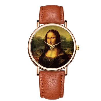 Klasičen Modni Da Vinci Dela Mona Lisa Rjava Quartz Zapestje Gledati Usnjeno Zapestnico Watch relogio feminino