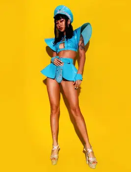 (Klobuk+Vrhovi+Hlače+Girdle+Rokavice) Modri Kristali Bikini Ženske Nastavite Seksi DJ Pevka Fazi Obleke, ki Vodi Plesne Osebnosti DS Kostum