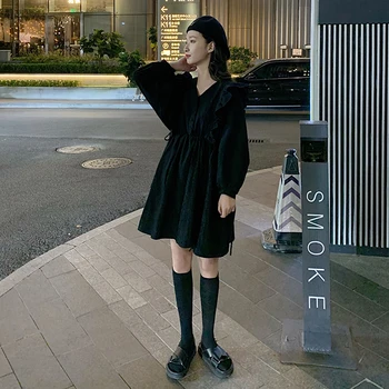 Korejski Belo, Črno Srajco, obleko 2020 Poletje Jesen Dolg Rokav vezenje Ruffles Mini Obleka Ženske Priložnostne stranke Obleke vestidos
