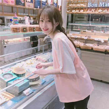 Korejski kawaii roza ženske majice poletje Svoboden Hip Hop Elegantno Preprost Tee majica Kratek Rokav mlada dekleta Mozaik Fashion majica s kratkimi rokavi