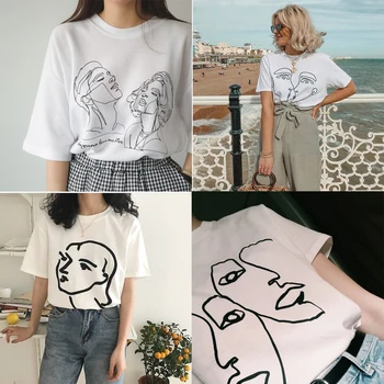 Korejski Moda, Umetnost, Risba majica s kratkimi rokavi Ženske Povzetek Par Graphic Tee Srčkan Ulzzang Henri Matisse črtna Risba Obraz Umetnosti T-Shirt