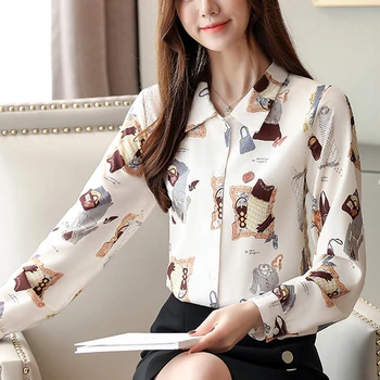 Korejski Styele Ženske Bluze in Vrhovi 2021 Blusas Mujer Šifon Bluzo Natisni Majice z Dolgimi Rokavi za Ženske Vrhovi 7129 50