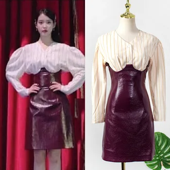 Kpop IE Lee Ji Eun Večer stranka moda Temperament trakove Proti-vrat majice, vrhovi + seksi slim PU mini Krila, ženske Dva-delni set