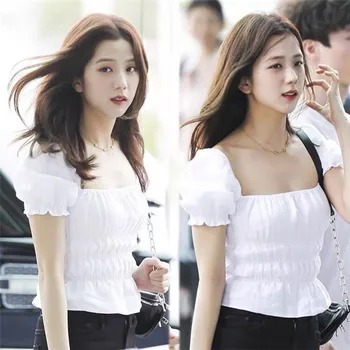 Kpop Seo Yea Ji korejski belo, vitko in Elegantno Puff Rokav, kratke majice ženske poletje sladko elastična Kvadratnih Vratu bluze in vrhovi