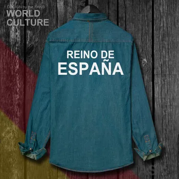 Kraljevina Španija Espana ESP španski Španec Vrhovi Moških Novih Oblačil Jesen Zavoj navzdol Ovratnik Jeans Srajca Dolg Rokav Kavboj Plašč 20